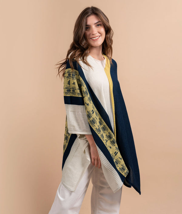 Alpacas In Mountains Poncho - Navy Blue And Mustard
