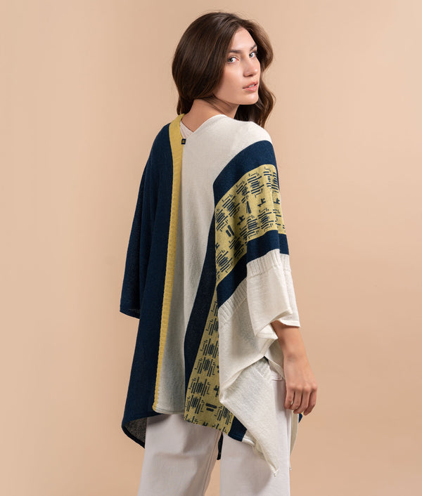 Alpacas In Mountains Poncho - Navy Blue And Mustard