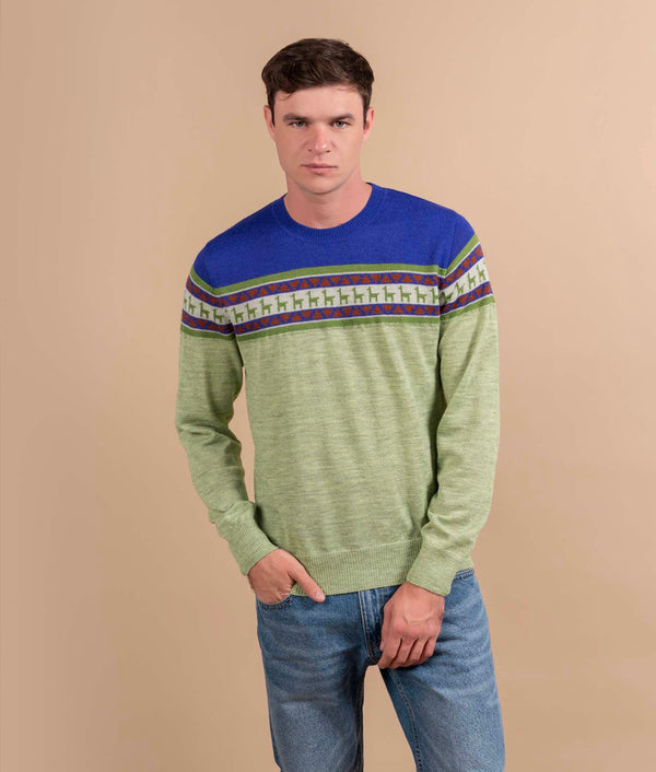 Alpacas On Fences Crew Neck Sweater - Lime Green And Cobalt Blue